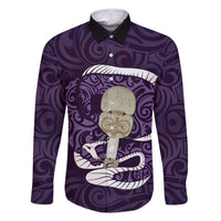 Purple New Zealand Eel Family Matching Tank Maxi Dress and Hawaiian Shirt Aotearoa Maori Tuna With Kotiate Weapon LT14 Dad's Shirt - Long Sleeve Purple - Polynesian Pride