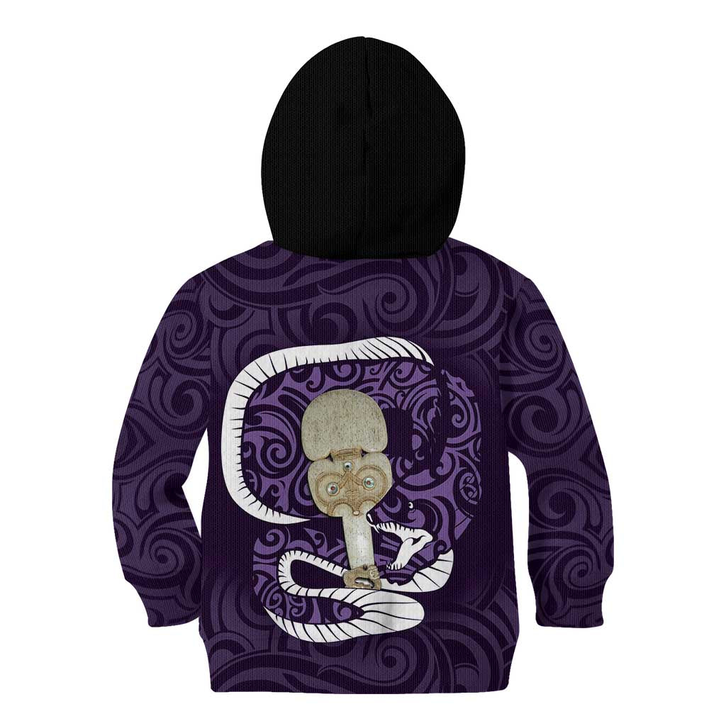 Purple New Zealand Eel Kid Hoodie Aotearoa Maori Tuna With Kotiate Weapon