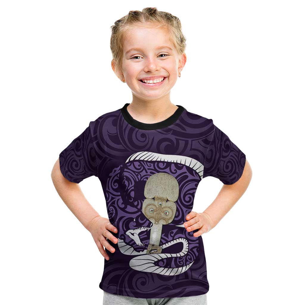 Purple New Zealand Eel Kid T Shirt Aotearoa Maori Tuna With Kotiate Weapon LT14 Purple - Polynesian Pride