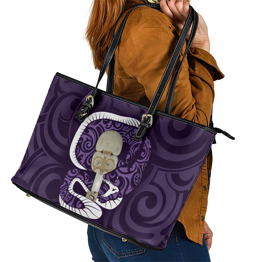 Purple New Zealand Eel Leather Tote Bag Aotearoa Maori Tuna With Kotiate Weapon LT14 - Polynesian Pride