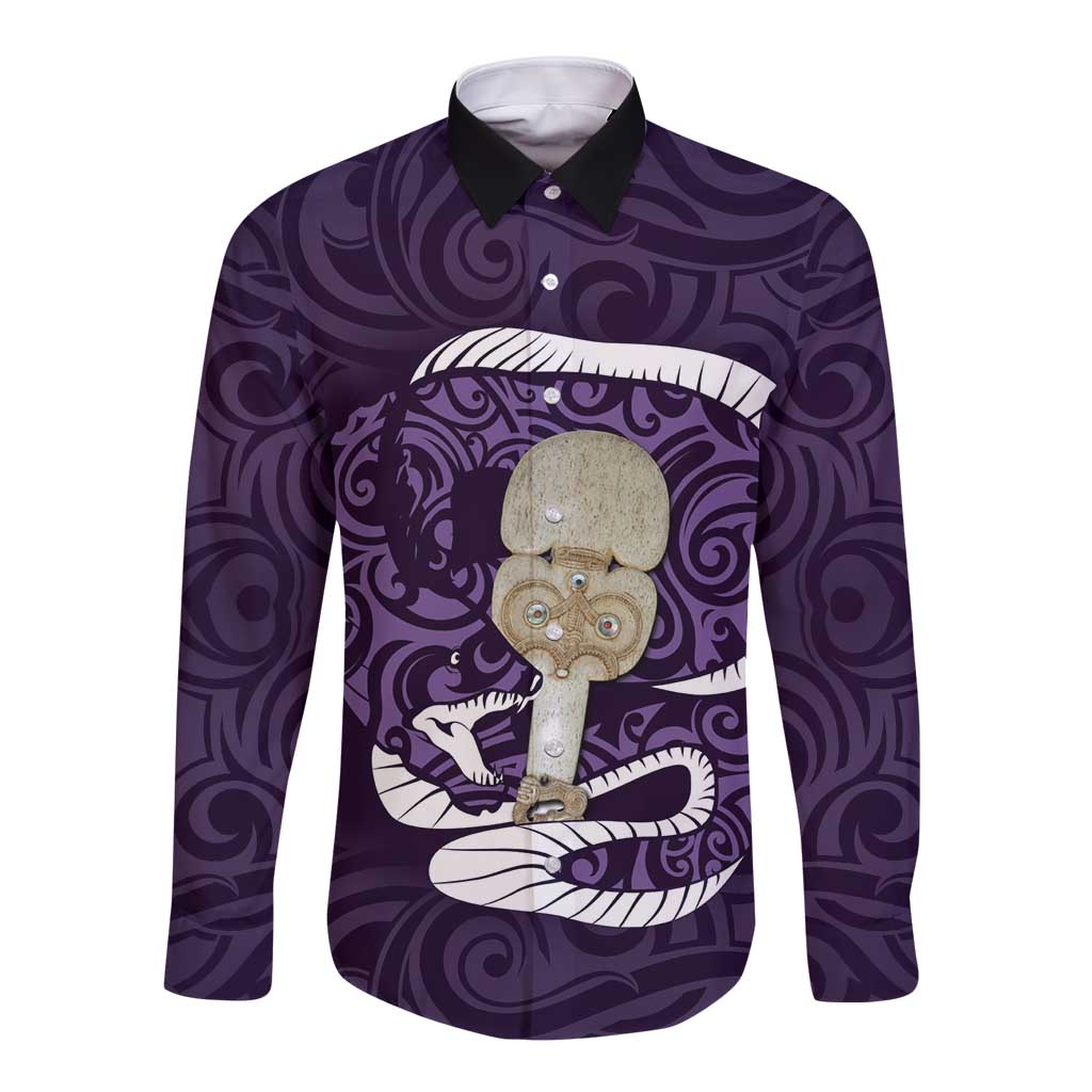 Purple New Zealand Eel Long Sleeve Button Shirt Aotearoa Maori Tuna With Kotiate Weapon LT14 Unisex Purple - Polynesian Pride