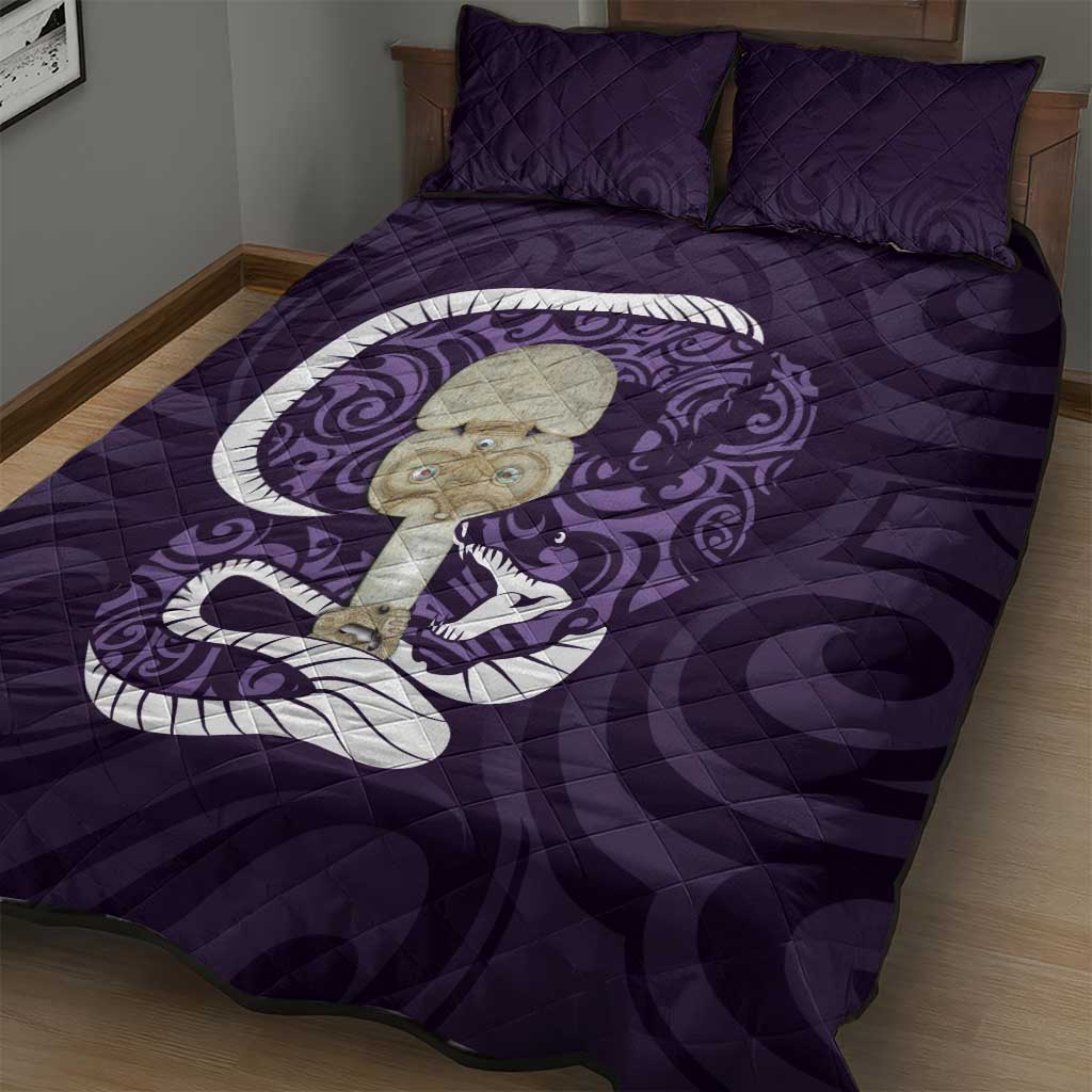 Purple New Zealand Eel Quilt Bed Set Aotearoa Maori Tuna With Kotiate Weapon
