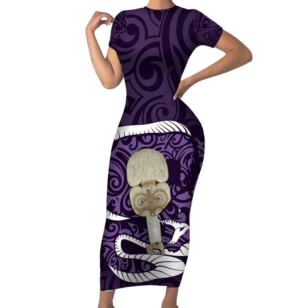 Purple New Zealand Eel Short Sleeve Bodycon Dress Aotearoa Maori Tuna With Kotiate Weapon