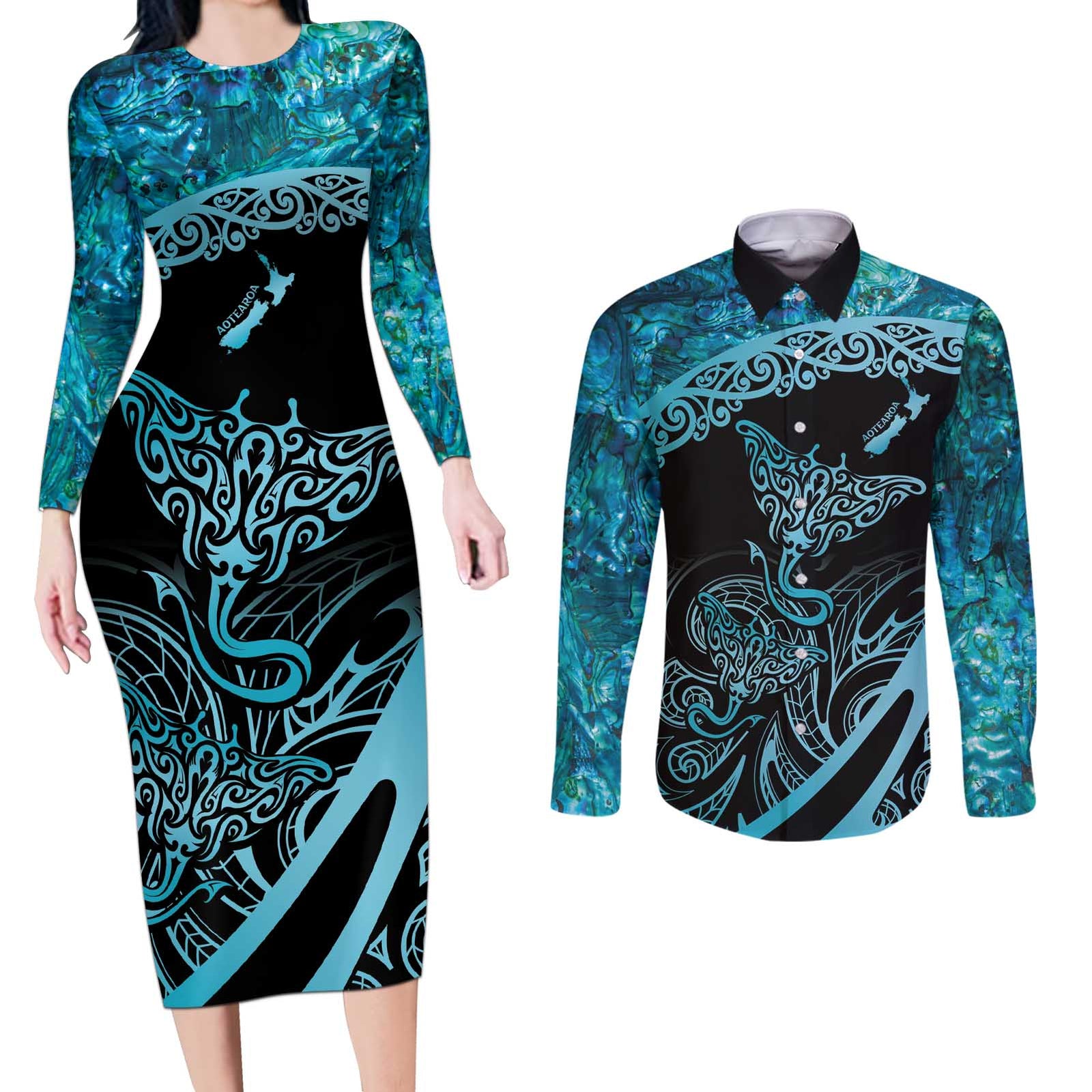 New Zealand Stingray Couples Matching Long Sleeve Bodycon Dress and Long Sleeve Button Shirt Aotearoa Whai With Maori Paua Shell
