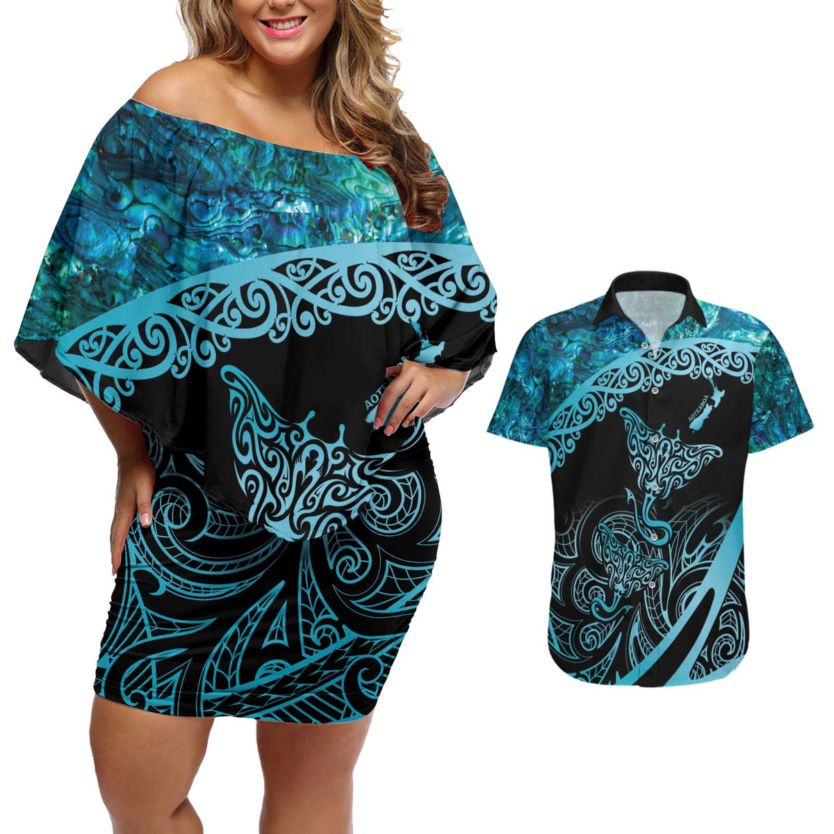 New Zealand Stingray Couples Matching Off Shoulder Short Dress and Hawaiian Shirt Aotearoa Whai With Maori Paua Shell