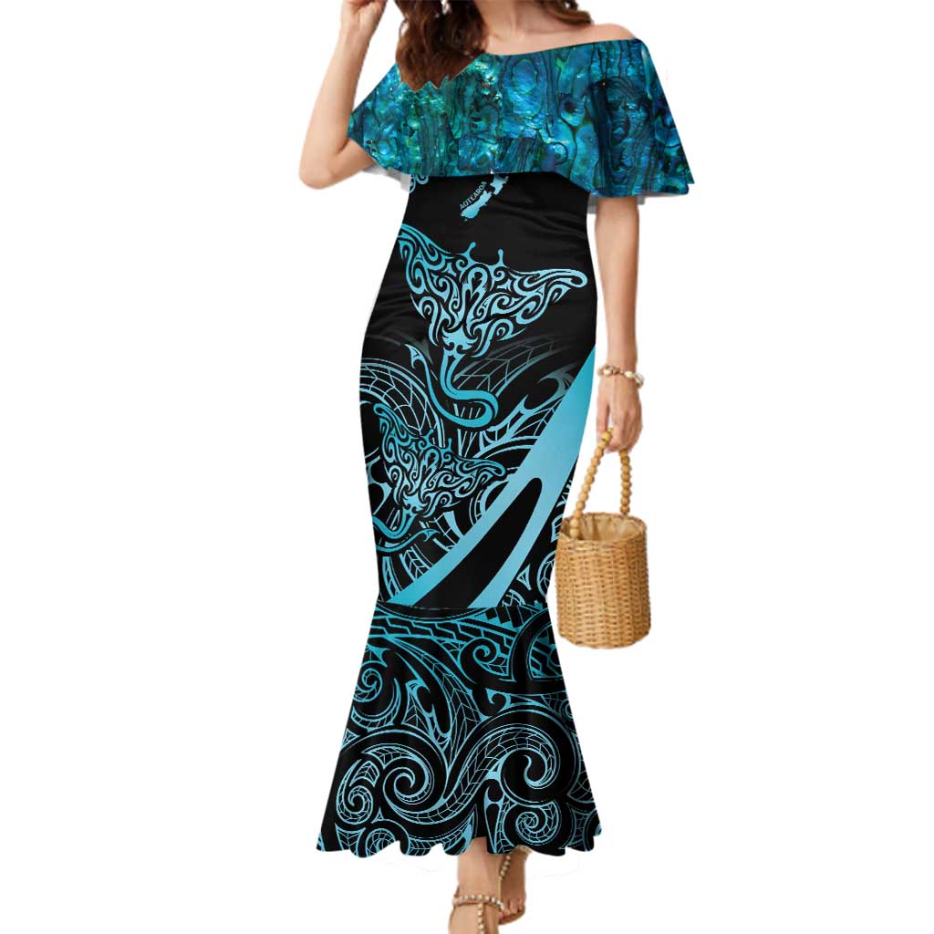 New Zealand Stingray Family Matching Mermaid Dress and Hawaiian Shirt Aotearoa Whai With Maori Paua Shell LT14 Mom's Dress Turquoise - Polynesian Pride