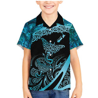 New Zealand Stingray Family Matching Mermaid Dress and Hawaiian Shirt Aotearoa Whai With Maori Paua Shell LT14 Son's Shirt Turquoise - Polynesian Pride