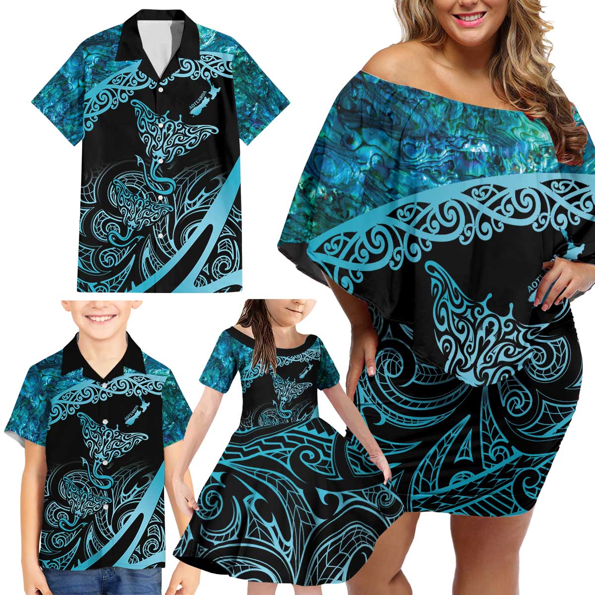 New Zealand Stingray Family Matching Off Shoulder Short Dress and Hawaiian Shirt Aotearoa Whai With Maori Paua Shell LT14 - Polynesian Pride