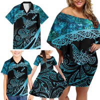 New Zealand Stingray Family Matching Off Shoulder Short Dress and Hawaiian Shirt Aotearoa Whai With Maori Paua Shell LT14 - Polynesian Pride