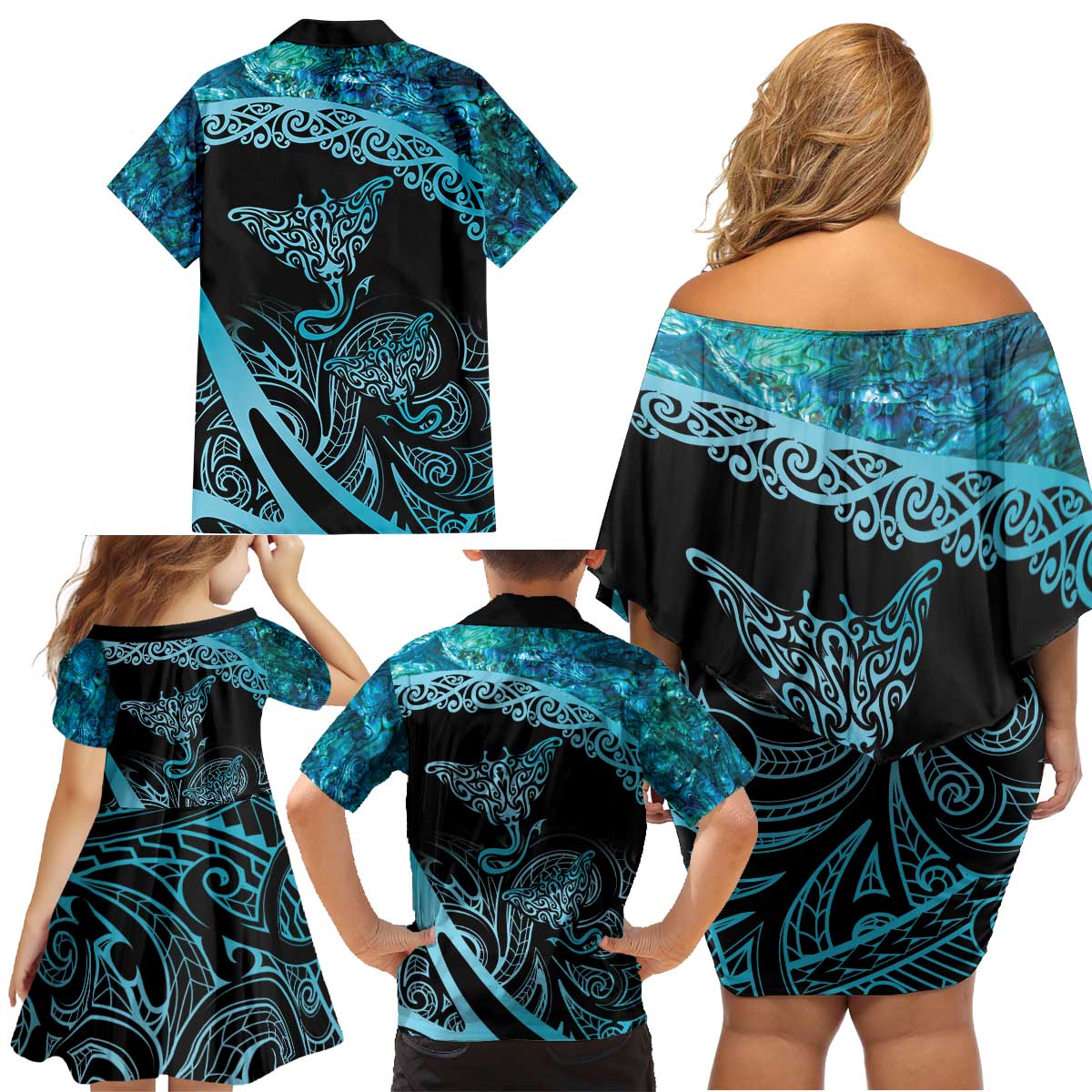 New Zealand Stingray Family Matching Off Shoulder Short Dress and Hawaiian Shirt Aotearoa Whai With Maori Paua Shell LT14 - Polynesian Pride