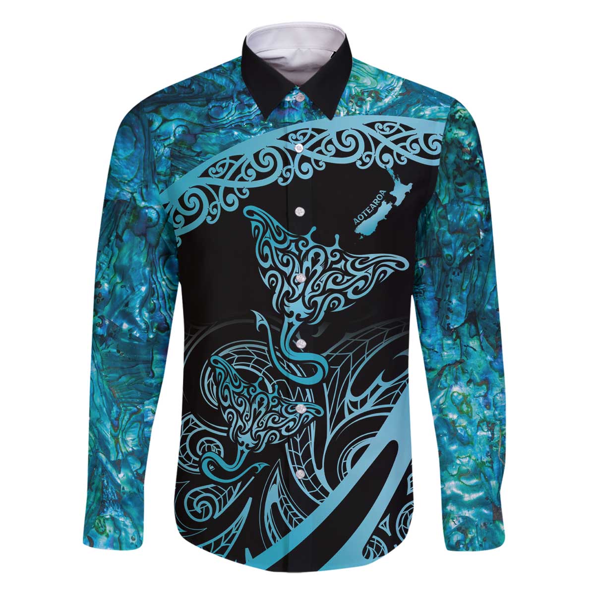 New Zealand Stingray Family Matching Puletasi and Hawaiian Shirt Aotearoa Whai With Maori Paua Shell LT14 Dad's Shirt - Long Sleeve Turquoise - Polynesian Pride