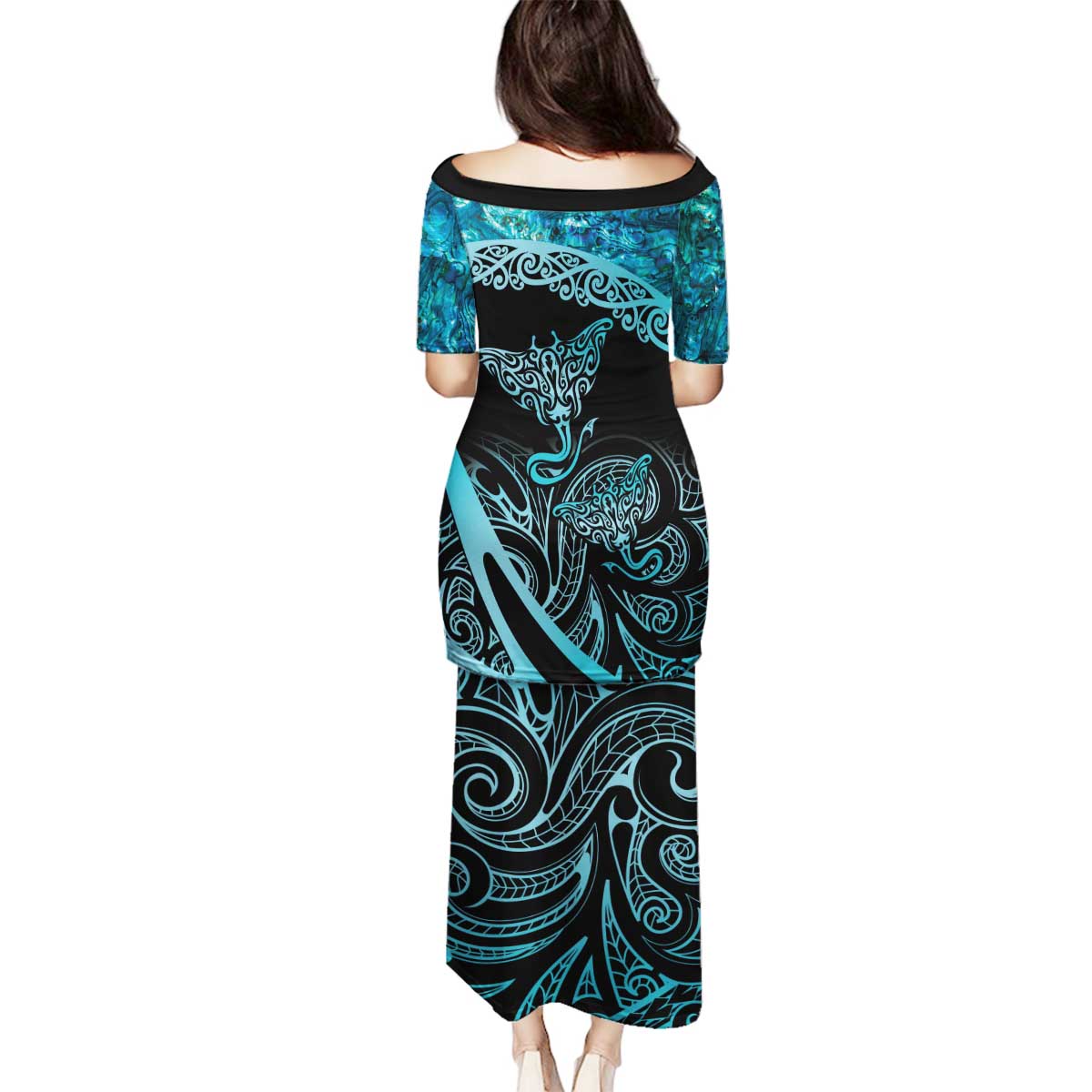 New Zealand Stingray Family Matching Puletasi and Hawaiian Shirt Aotearoa Whai With Maori Paua Shell LT14 - Polynesian Pride