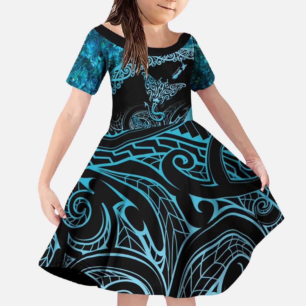 New Zealand Stingray Family Matching Summer Maxi Dress and Hawaiian Shirt Aotearoa Whai With Maori Paua Shell LT14 Daughter's Dress Turquoise - Polynesian Pride