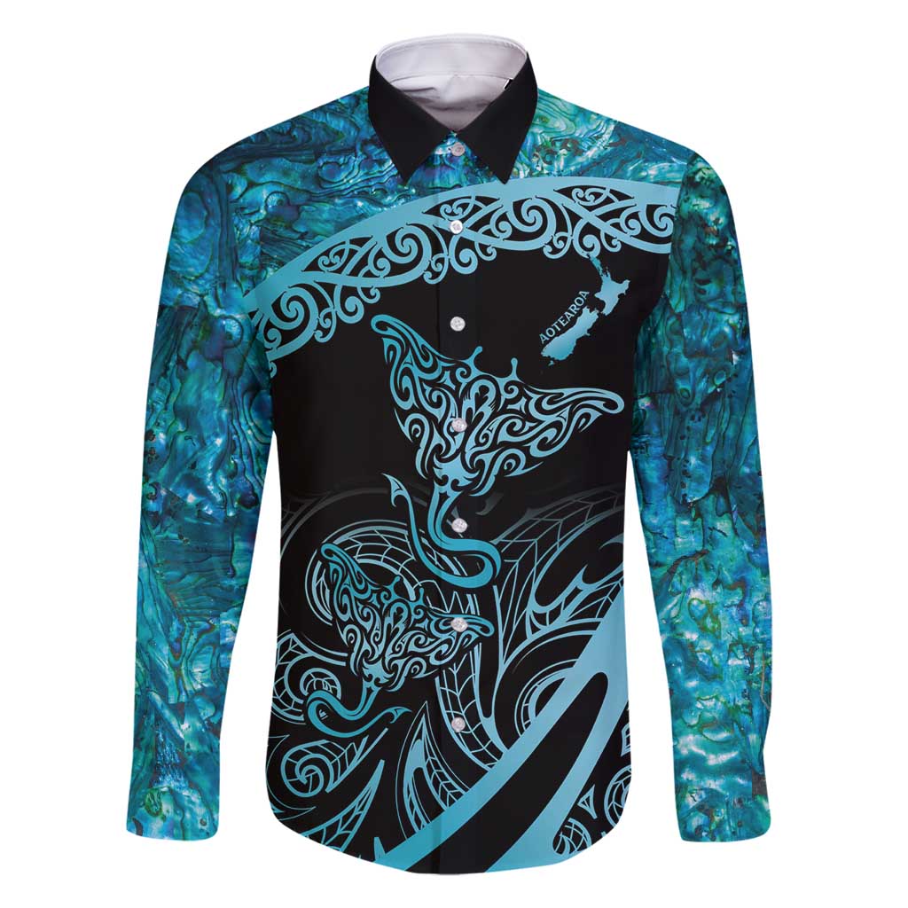 New Zealand Stingray Family Matching Summer Maxi Dress and Hawaiian Shirt Aotearoa Whai With Maori Paua Shell LT14 Dad's Shirt - Long Sleeve Turquoise - Polynesian Pride