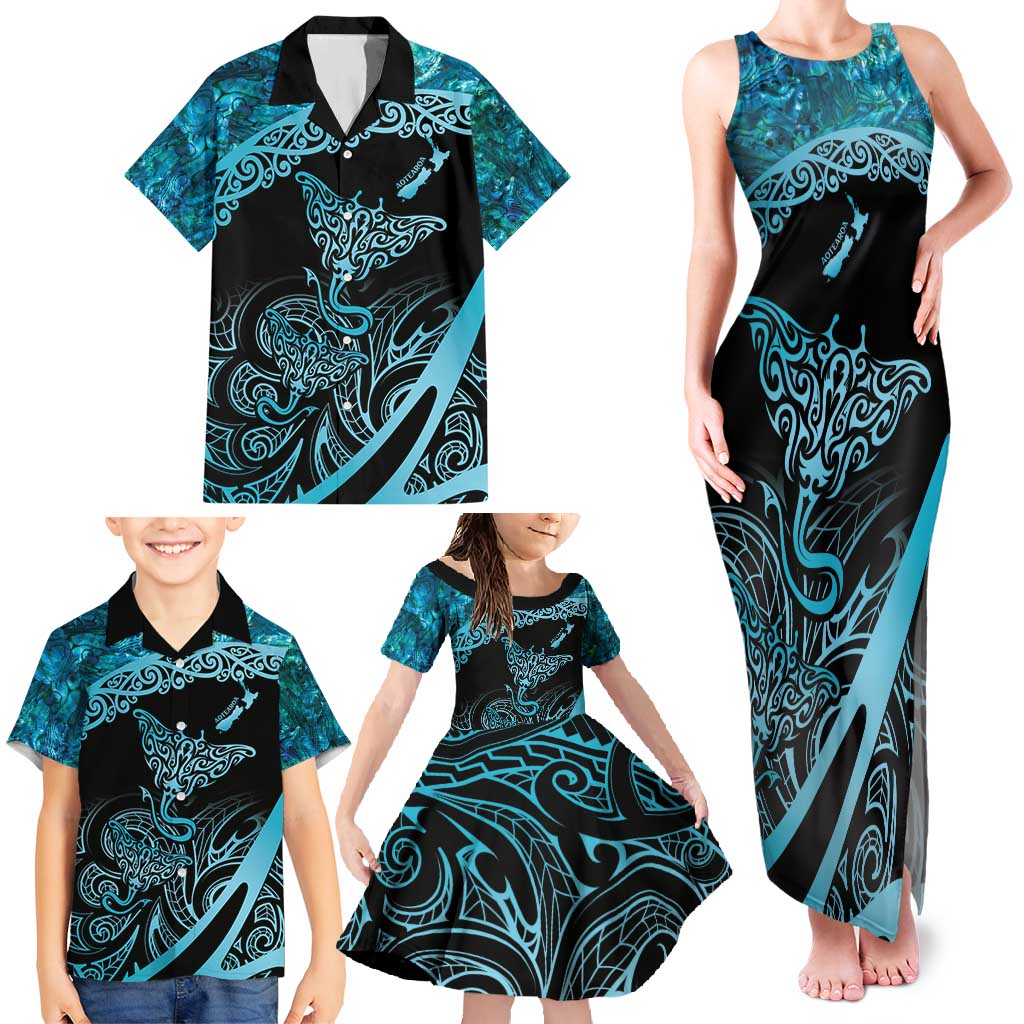 New Zealand Stingray Family Matching Tank Maxi Dress and Hawaiian Shirt Aotearoa Whai With Maori Paua Shell LT14 - Polynesian Pride