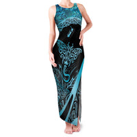 New Zealand Stingray Family Matching Tank Maxi Dress and Hawaiian Shirt Aotearoa Whai With Maori Paua Shell LT14 Mom's Dress Turquoise - Polynesian Pride