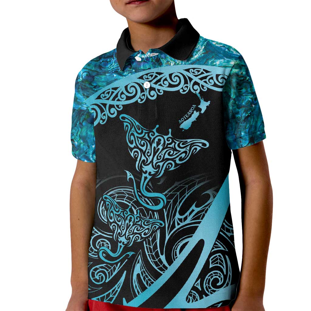 New Zealand Stingray Kid Polo Shirt Aotearoa Whai With Maori Paua Shell LT14 Kid Turquoise - Polynesian Pride