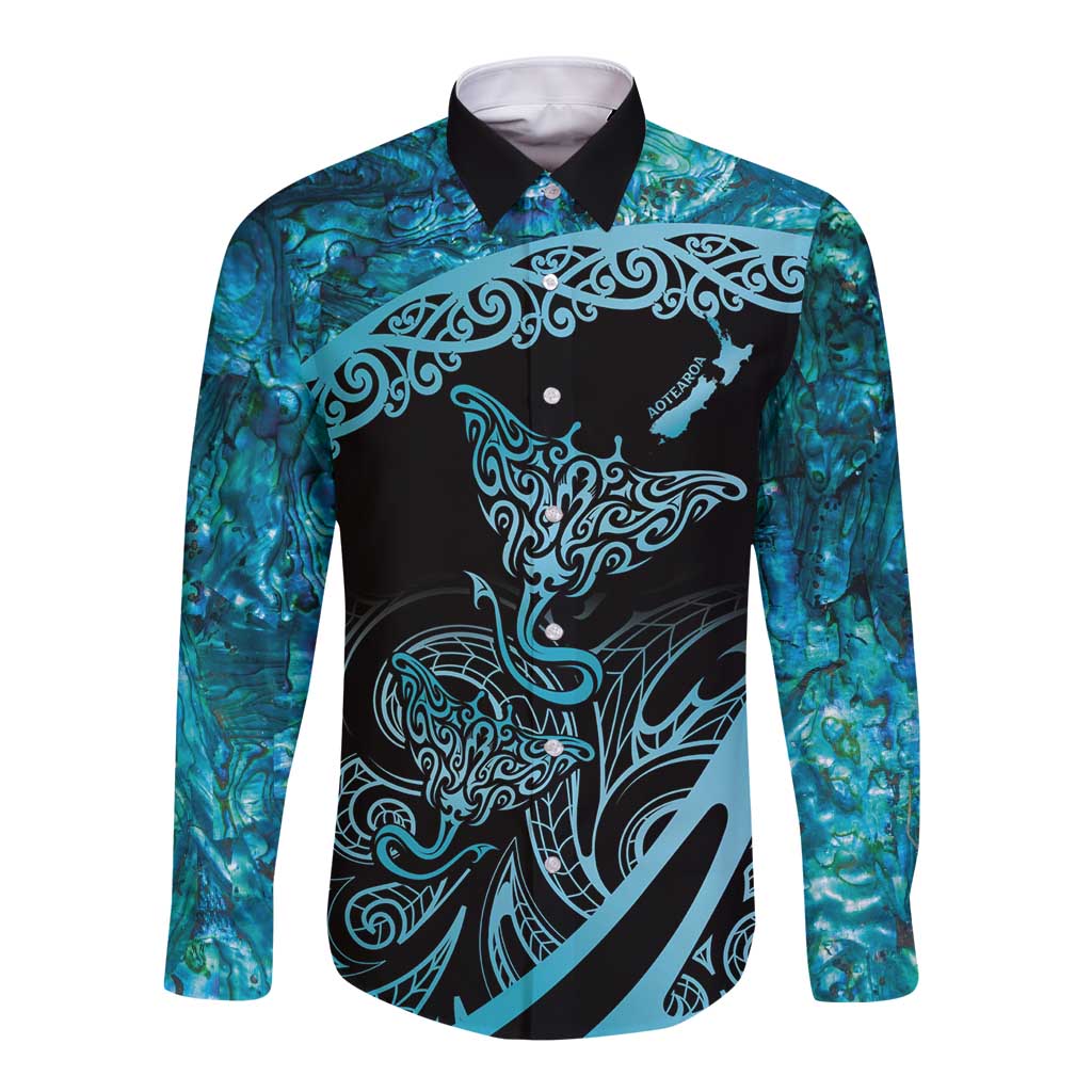 New Zealand Stingray Long Sleeve Button Shirt Aotearoa Whai With Maori Paua Shell LT14 Unisex Turquoise - Polynesian Pride