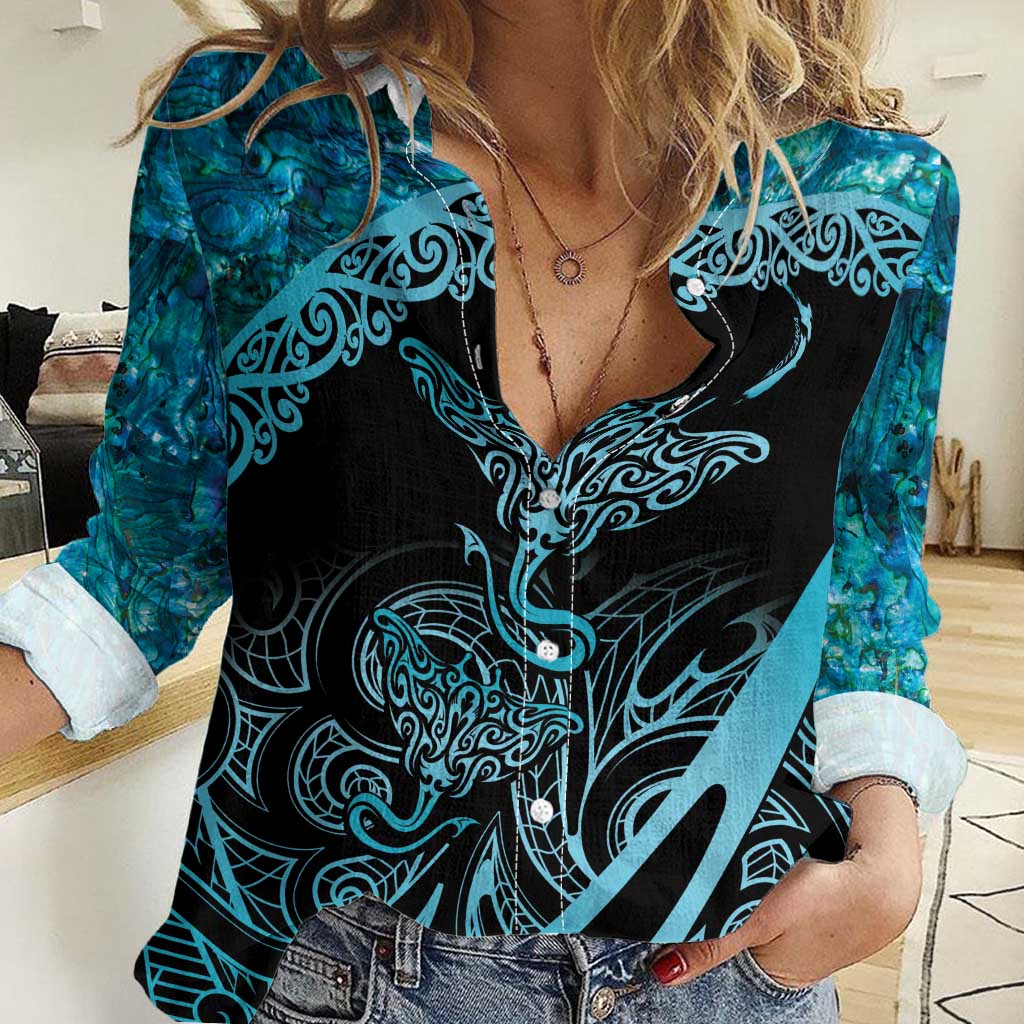 New Zealand Stingray Women Casual Shirt Aotearoa Whai With Maori Paua Shell LT14 Female Turquoise - Polynesian Pride