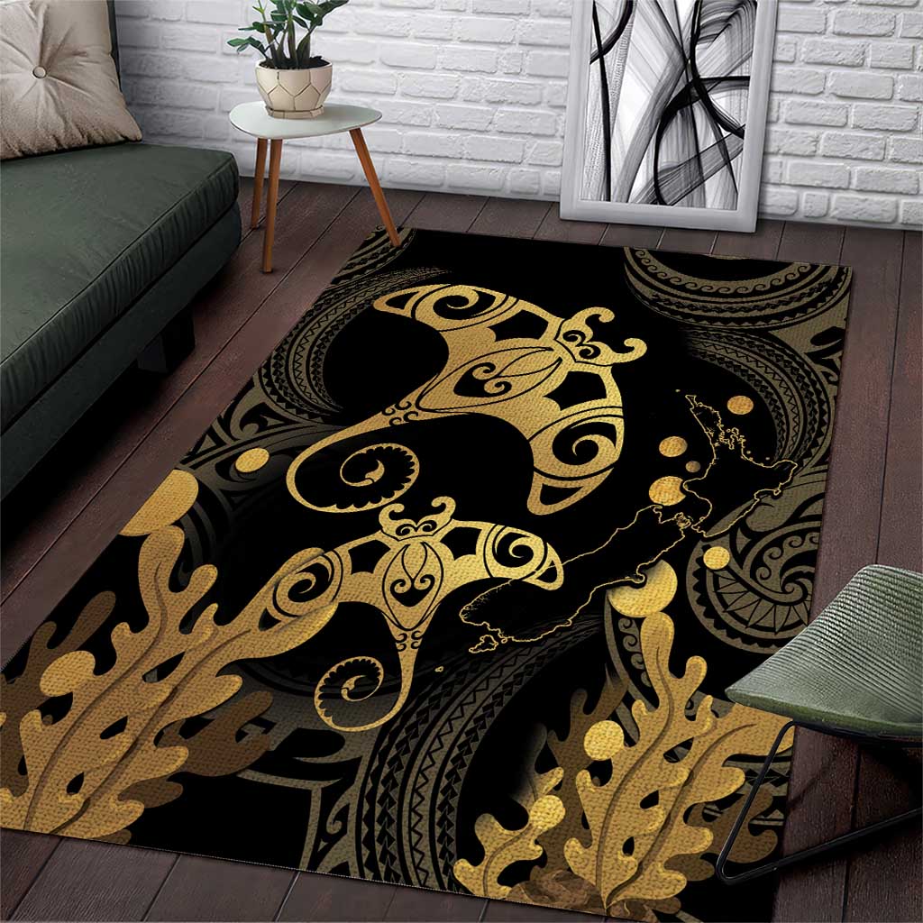 Black And Gold Aotearoa Whai Area Rug NZ Stingrays Maori Curves Style