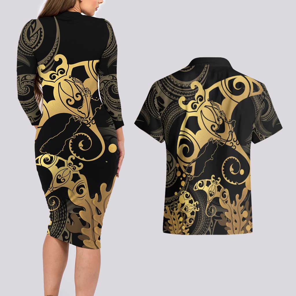 Black And Gold Aotearoa Whai Couples Matching Long Sleeve Bodycon Dress and Hawaiian Shirt NZ Stingrays Maori Curves Style