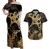 Black And Gold Aotearoa Whai Couples Matching Off Shoulder Maxi Dress and Hawaiian Shirt NZ Stingrays Maori Curves Style LT14 Gold - Polynesian Pride