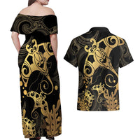 Black And Gold Aotearoa Whai Couples Matching Off Shoulder Maxi Dress and Hawaiian Shirt NZ Stingrays Maori Curves Style LT14 - Polynesian Pride