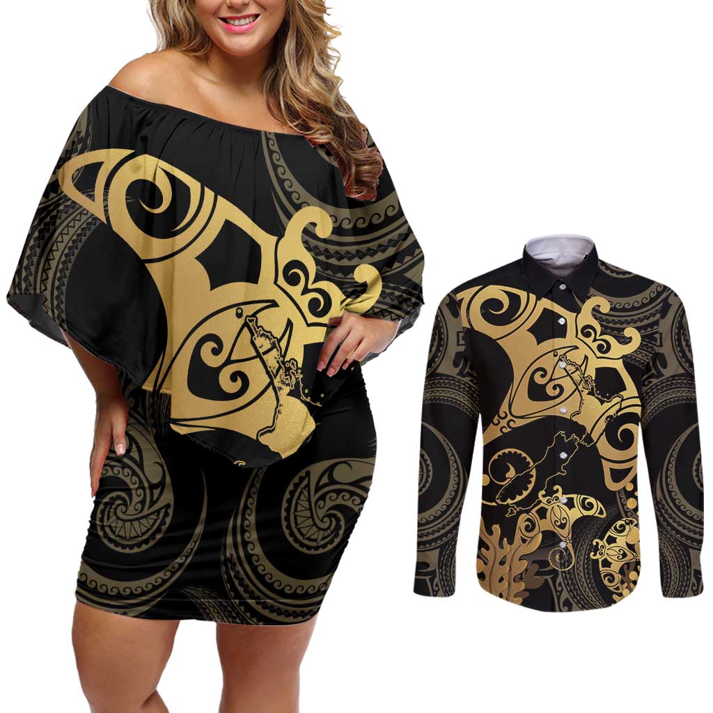 Black And Gold Aotearoa Whai Couples Matching Off Shoulder Short Dress and Long Sleeve Button Shirt NZ Stingrays Maori Curves Style