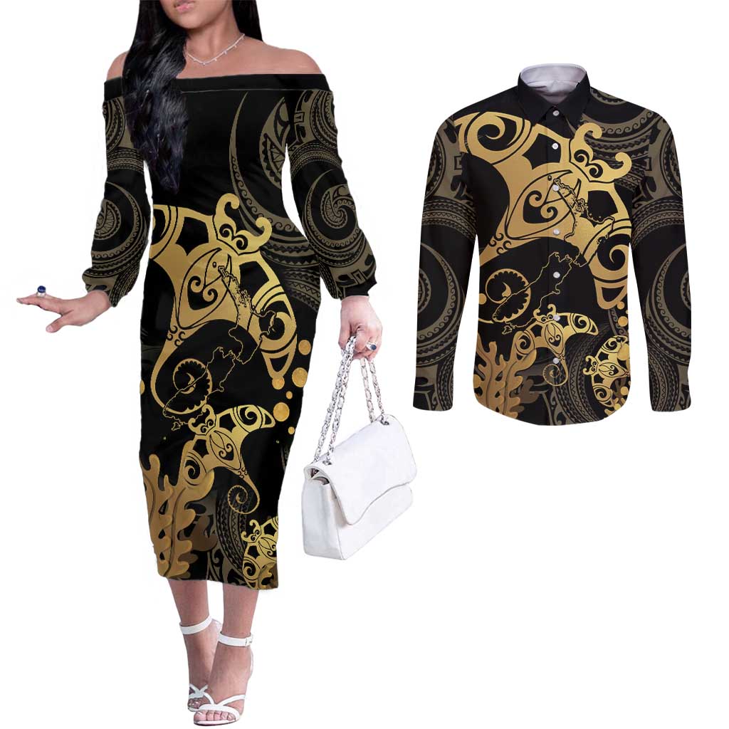 Black And Gold Aotearoa Whai Couples Matching Off The Shoulder Long Sleeve Dress and Long Sleeve Button Shirt NZ Stingrays Maori Curves Style