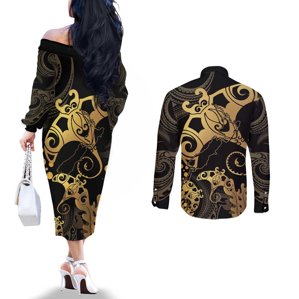 Black And Gold Aotearoa Whai Couples Matching Off The Shoulder Long Sleeve Dress and Long Sleeve Button Shirt NZ Stingrays Maori Curves Style