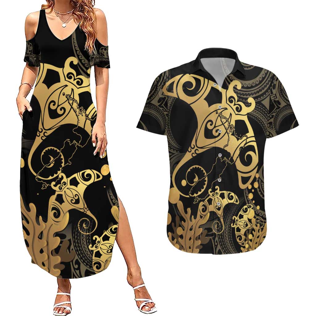 Black And Gold Aotearoa Whai Couples Matching Summer Maxi Dress and Hawaiian Shirt NZ Stingrays Maori Curves Style