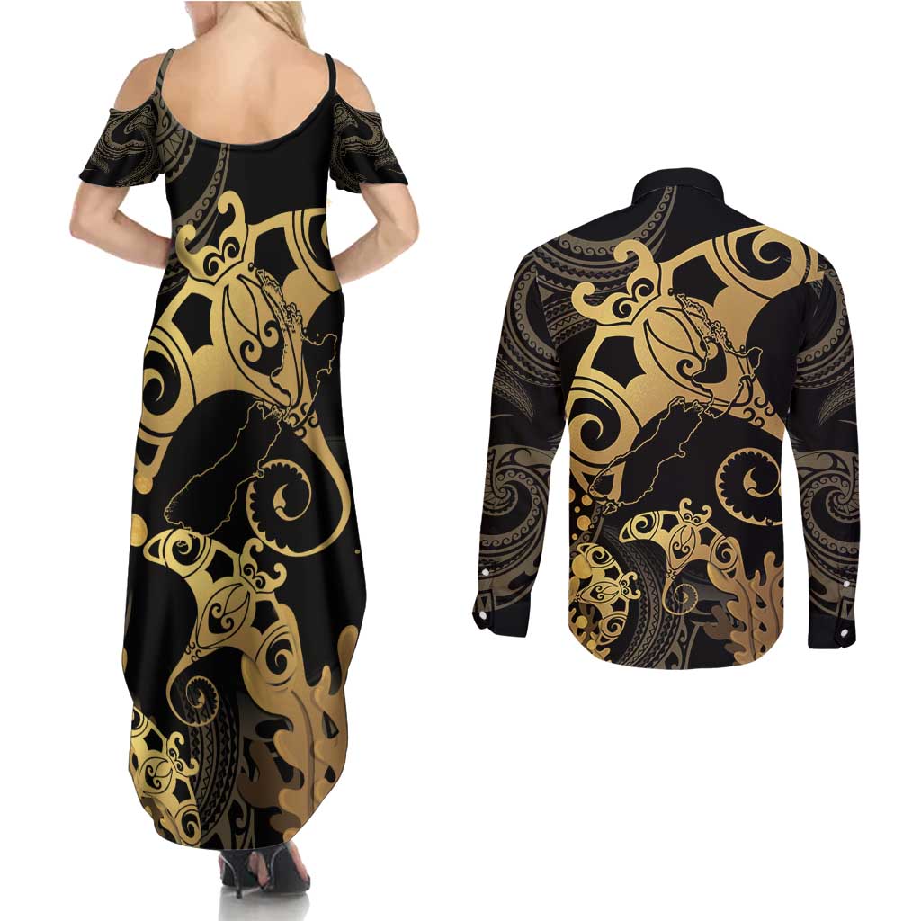 Black And Gold Aotearoa Whai Couples Matching Summer Maxi Dress and Long Sleeve Button Shirt NZ Stingrays Maori Curves Style