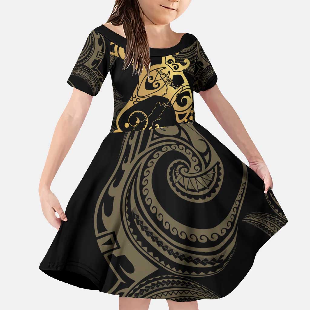Black And Gold Aotearoa Whai Family Matching Long Sleeve Bodycon Dress and Hawaiian Shirt NZ Stingrays Maori Curves Style