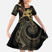 Black And Gold Aotearoa Whai Family Matching Long Sleeve Bodycon Dress and Hawaiian Shirt NZ Stingrays Maori Curves Style