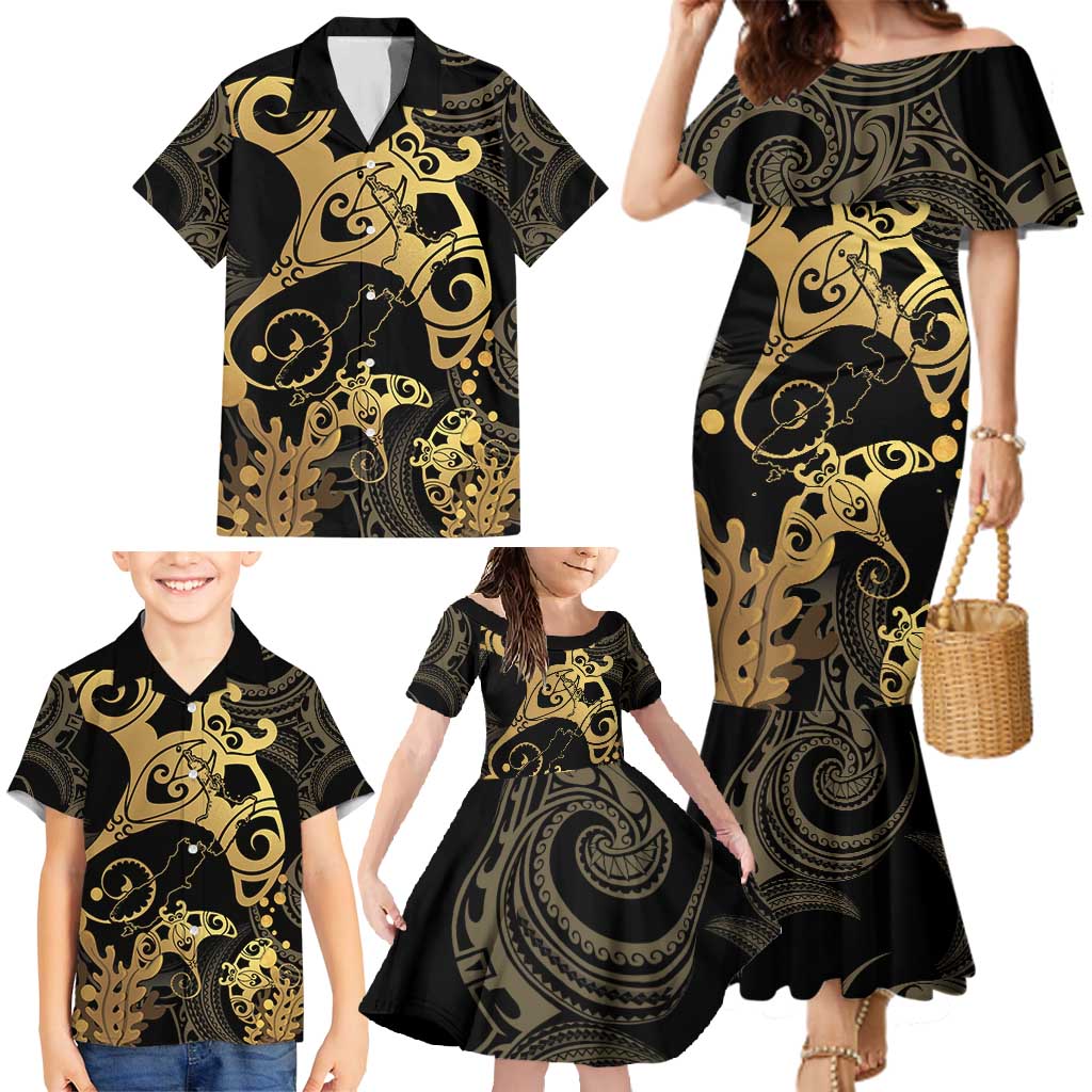 Black And Gold Aotearoa Whai Family Matching Mermaid Dress and Hawaiian Shirt NZ Stingrays Maori Curves Style LT14 - Polynesian Pride