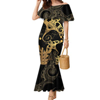 Black And Gold Aotearoa Whai Family Matching Mermaid Dress and Hawaiian Shirt NZ Stingrays Maori Curves Style LT14 Mom's Dress Gold - Polynesian Pride
