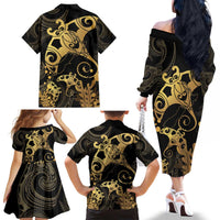 Black And Gold Aotearoa Whai Family Matching Off The Shoulder Long Sleeve Dress and Hawaiian Shirt NZ Stingrays Maori Curves Style