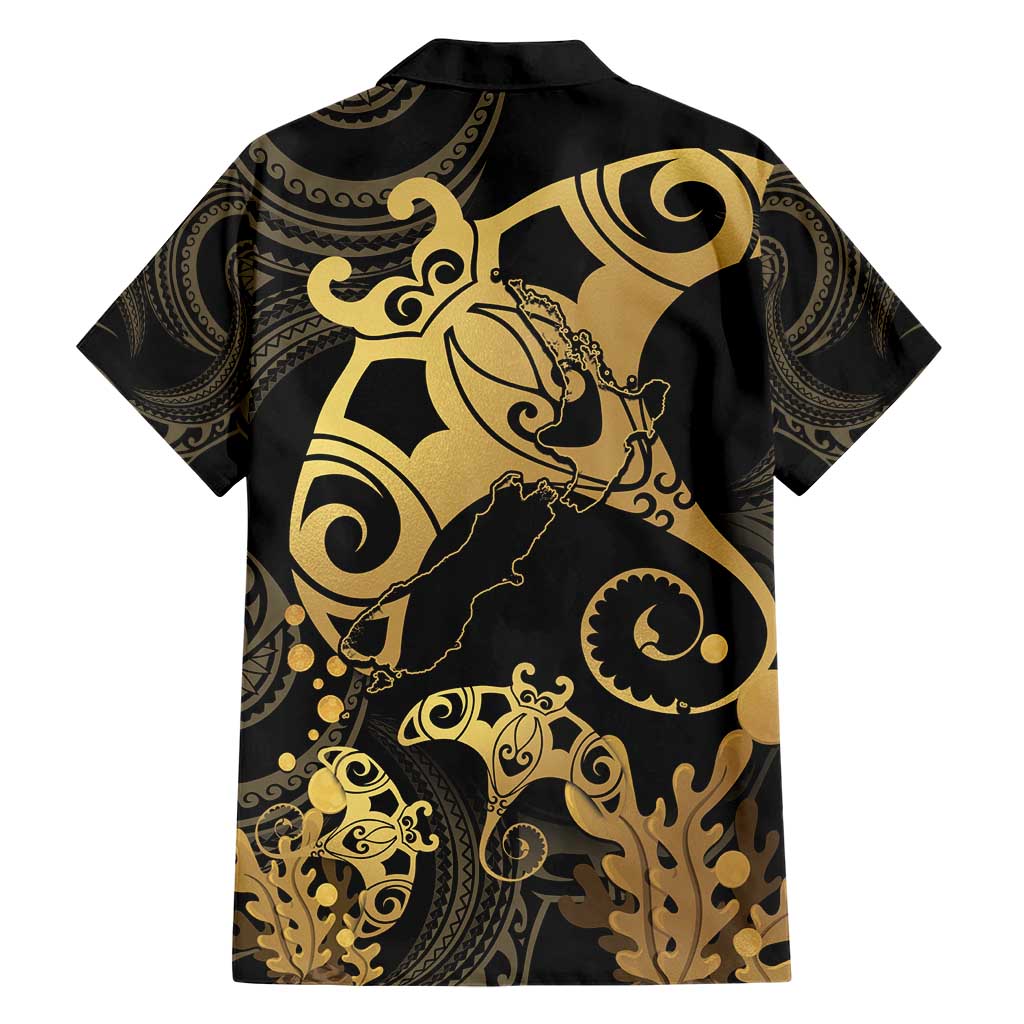 Black And Gold Aotearoa Whai Family Matching Short Sleeve Bodycon Dress and Hawaiian Shirt NZ Stingrays Maori Curves Style LT14 - Polynesian Pride