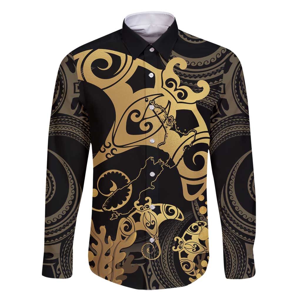 Black And Gold Aotearoa Whai Family Matching Tank Maxi Dress and Hawaiian Shirt NZ Stingrays Maori Curves Style LT14 Dad's Shirt - Long Sleeve Gold - Polynesian Pride