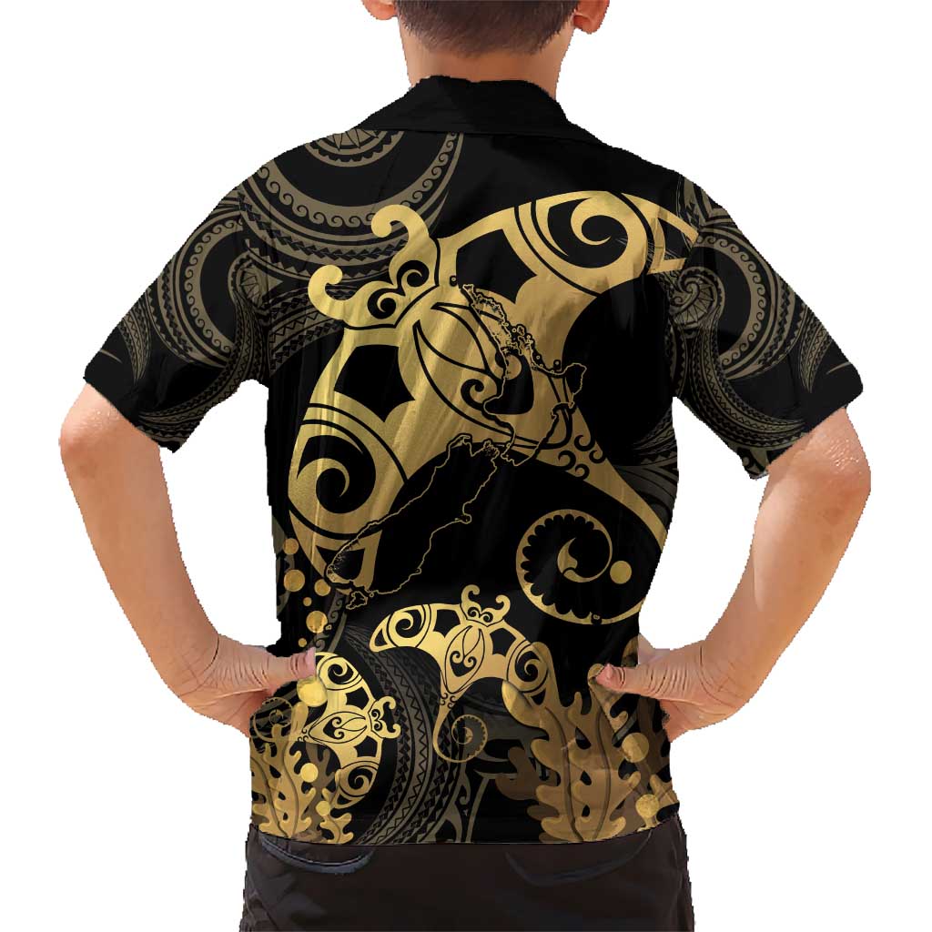 Black And Gold Aotearoa Whai Kid Hawaiian Shirt NZ Stingrays Maori Curves Style LT14 - Polynesian Pride
