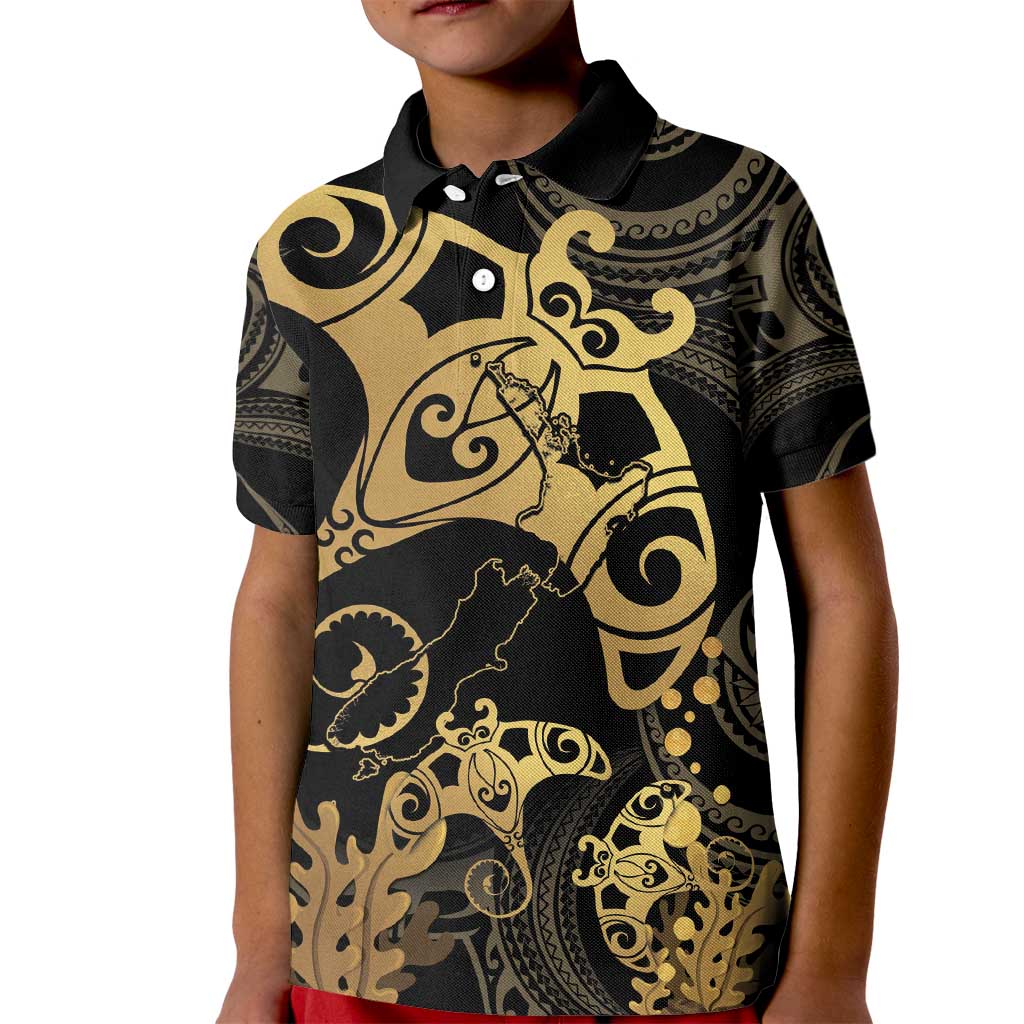 Black And Gold Aotearoa Whai Kid Polo Shirt NZ Stingrays Maori Curves Style LT14 Kid Gold - Polynesian Pride