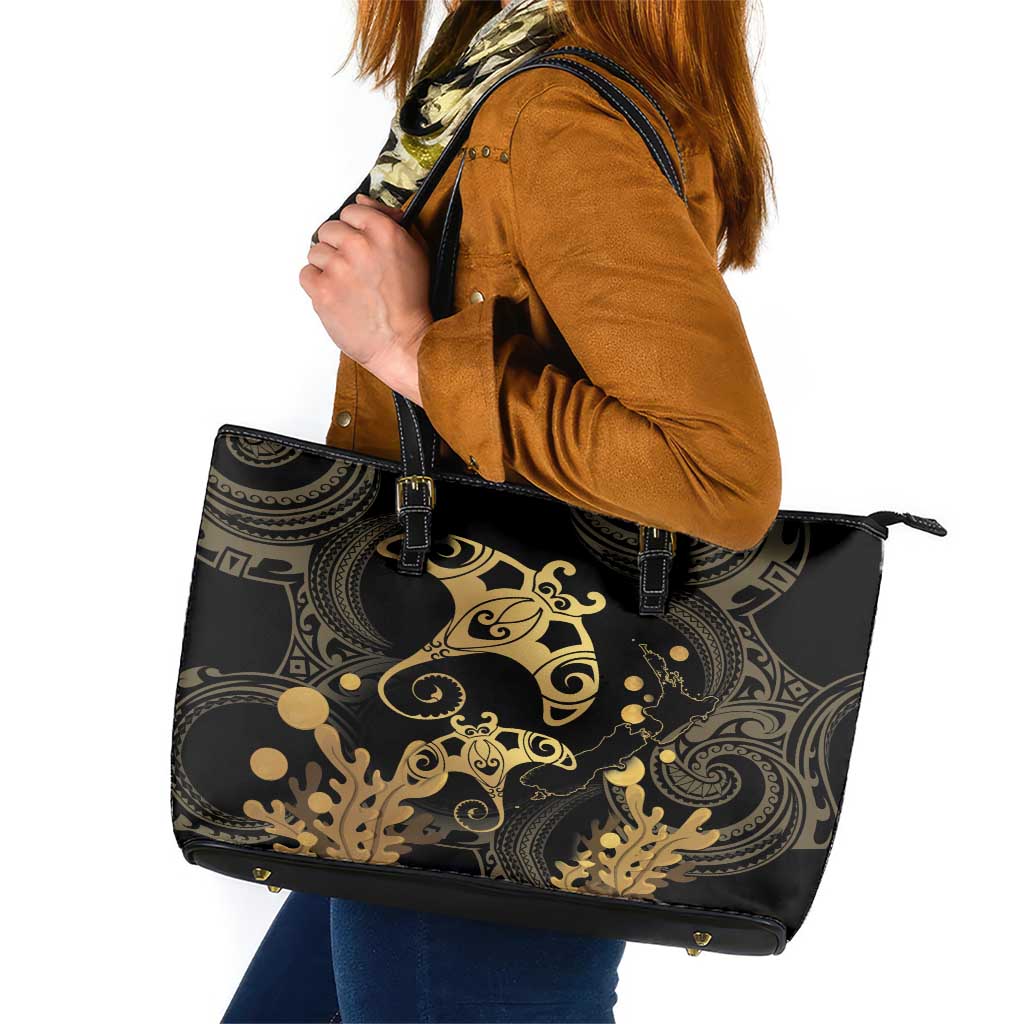 Black And Gold Aotearoa Whai Leather Tote Bag NZ Stingrays Maori Curves Style LT14 Gold - Polynesian Pride
