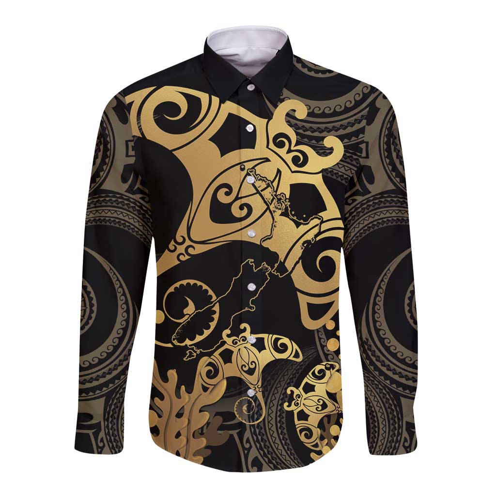 Black And Gold Aotearoa Whai Long Sleeve Button Shirt NZ Stingrays Maori Curves Style LT14 Unisex Gold - Polynesian Pride