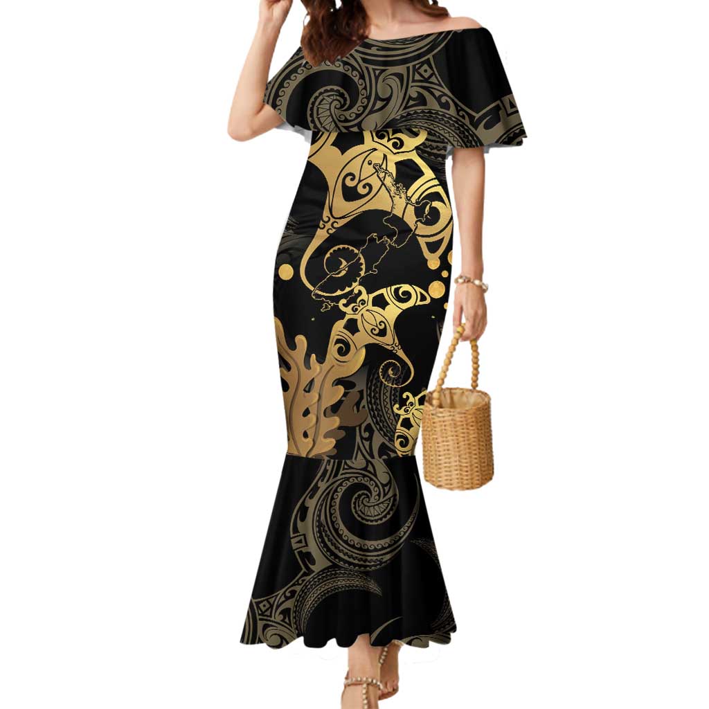 Black And Gold Aotearoa Whai Mermaid Dress NZ Stingrays Maori Curves Style