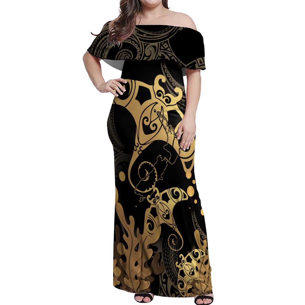 Black And Gold Aotearoa Whai Off Shoulder Maxi Dress NZ Stingrays Maori Curves Style LT14 Women Gold - Polynesian Pride