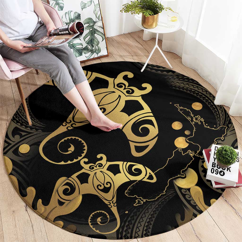 Black And Gold Aotearoa Whai Round Carpet NZ Stingrays Maori Curves Style LT14 - Polynesian Pride
