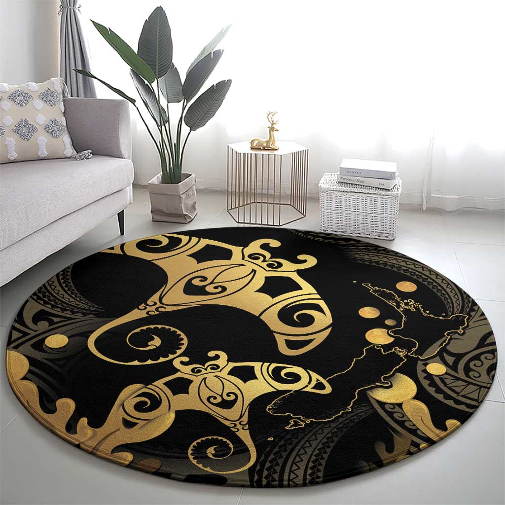 Black And Gold Aotearoa Whai Round Carpet NZ Stingrays Maori Curves Style LT14 - Polynesian Pride