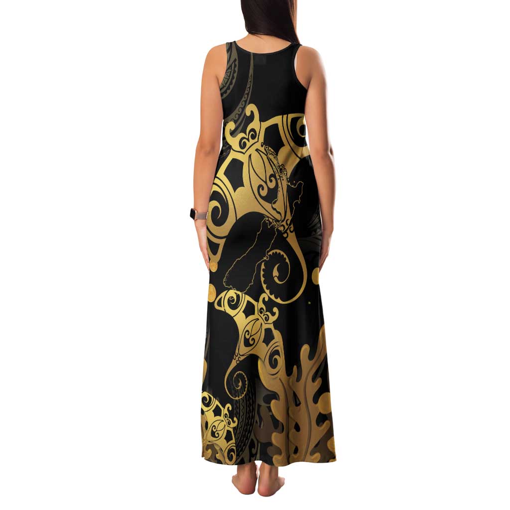 Black And Gold Aotearoa Whai Tank Maxi Dress NZ Stingrays Maori Curves Style