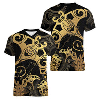 Black And Gold Aotearoa Whai Women V-Neck T-Shirt NZ Stingrays Maori Curves Style LT14 - Polynesian Pride