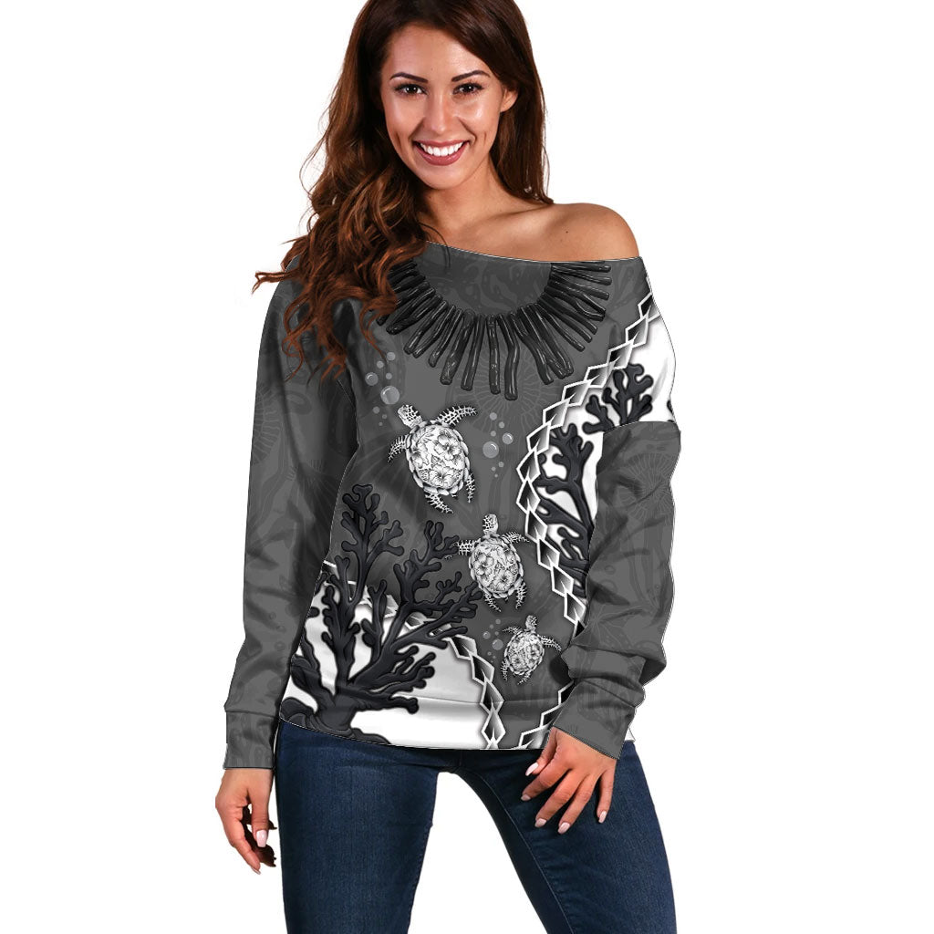 Personalized Black Coral Hawaii Off Shoulder Sweater Ekaha Ku Moana Honu Sea Turtle LT14 Women Gray - Polynesian Pride